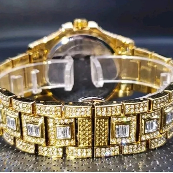 Mens Luxury Iced Out Bling Simulated Diamond CZ GoldPlated Arabic Numera… - Picture 8 of 15